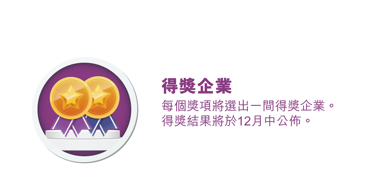 --> 得獎企業 每個獎項將選出一間得獎企業。得獎結果將於12月中公佈。