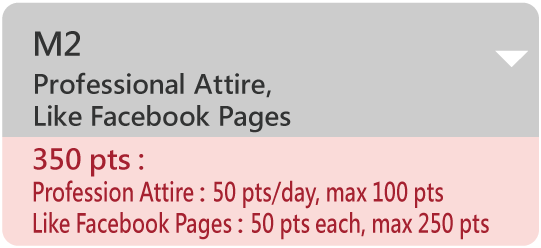 350 pts: Profession Attire 50 pts/day, max 100 pts Like Facebook Pages50 pts each, max 250 pts